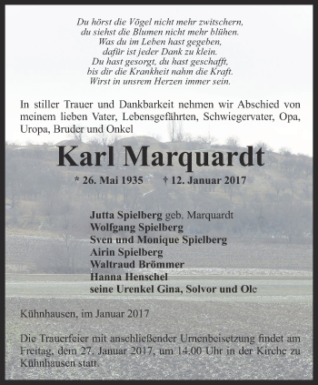 Traueranzeige von Karl Marquardt von Thüringer Allgemeine, Thüringische Landeszeitung