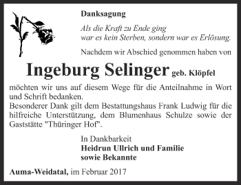 Traueranzeige von Ingeburg  Selinger von Ostthüringer Zeitung