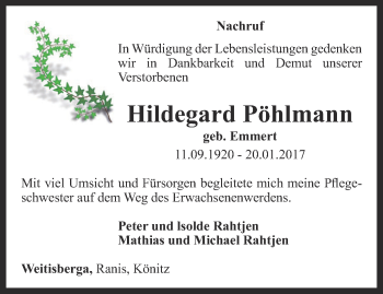 Traueranzeige von Hildegard Pöhlmann von Ostthüringer Zeitung