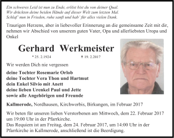 Traueranzeige von Gerhard Werkmeister von Thüringer Allgemeine