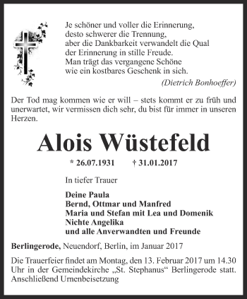 Traueranzeige von Alois Wüstefeld von Thüringer Allgemeine