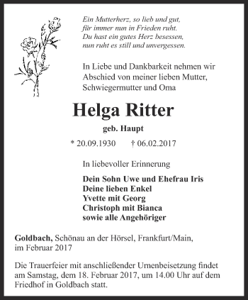 Traueranzeige von Helga Ritter von Ostthüringer Zeitung, Thüringische Landeszeitung