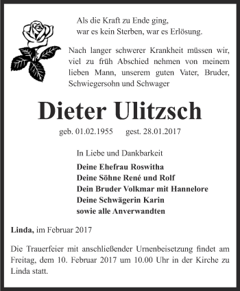 Traueranzeige von Dieter Ulitzsch von Ostthüringer Zeitung