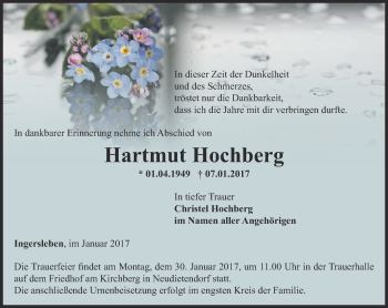 Traueranzeige von Hartmut Hochberg von Thüringer Allgemeine, Thüringische Landeszeitung