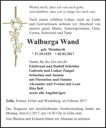 Traueranzeige von Walburga Wand von Thüringer Allgemeine, Thüringische Landeszeitung
