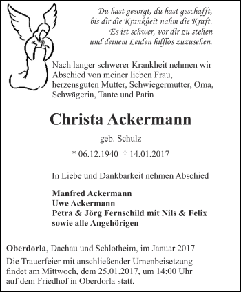 Traueranzeige von Christa Ackermann von Thüringer Allgemeine, Thüringische Landeszeitung