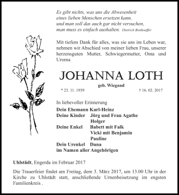 Traueranzeige von Johanna Loth von Ostthüringer Zeitung