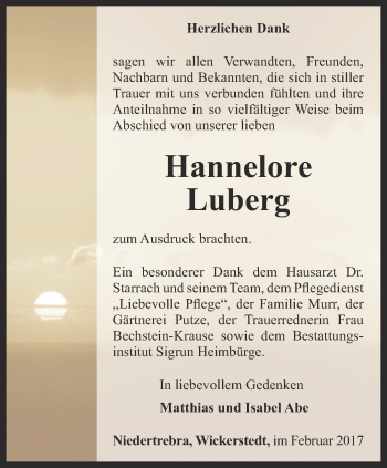 Traueranzeige von Hannelore Luberg von Thüringer Allgemeine, Thüringische Landeszeitung
