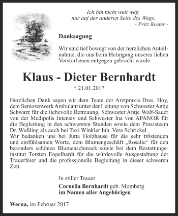 Traueranzeige von Klaus-Dieter Bernhardt von Thüringer Allgemeine