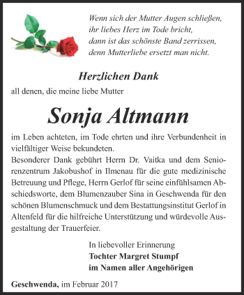 Traueranzeige von Sonja Altmann von Thüringer Allgemeine