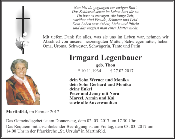 Traueranzeige von Irmgard Legenbauer von Thüringer Allgemeine