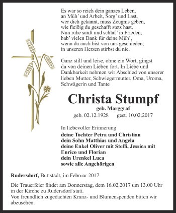 Traueranzeige von Christa Stumpf von Thüringer Allgemeine, Thüringische Landeszeitung