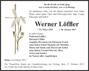 Traueranzeige von Werner Löffler von Ostthüringer Zeitung