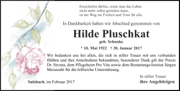 Traueranzeige von Hilde Pluschkat von Thüringer Allgemeine, Thüringische Landeszeitung