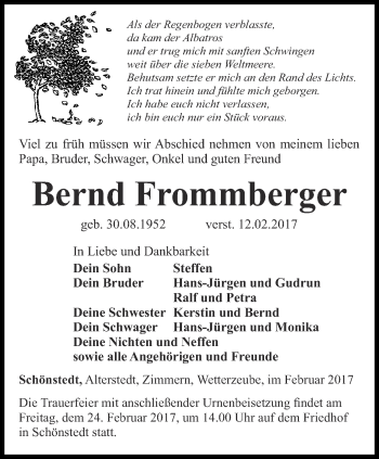 Traueranzeige von Bernd Frommberger von Thüringer Allgemeine, Thüringische Landeszeitung