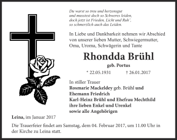 Traueranzeige von Rhondda Brühl von Ostthüringer Zeitung, Thüringische Landeszeitung