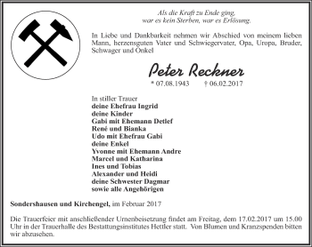 Traueranzeige von Peter Reckner von Thüringer Allgemeine