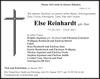 Traueranzeige von Else Reinhardt von Thüringer Allgemeine, Thüringische Landeszeitung