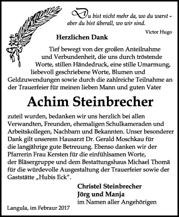 Traueranzeige von Achim Steinbrecher von Thüringer Allgemeine, Thüringische Landeszeitung