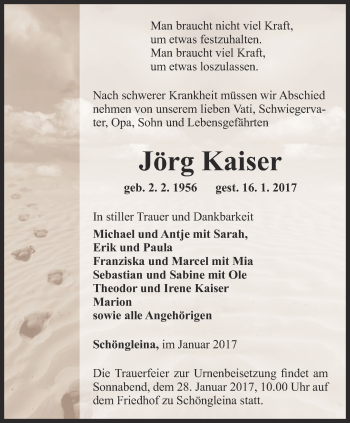 Traueranzeige von Jörg Kaiser von Ostthüringer Zeitung