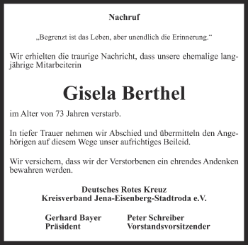 Traueranzeige von Gisela Barthel von Ostthüringer Zeitung, Thüringische Landeszeitung