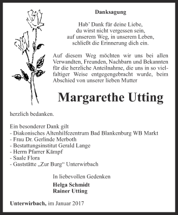 Traueranzeige von Margarethe Utting von Ostthüringer Zeitung