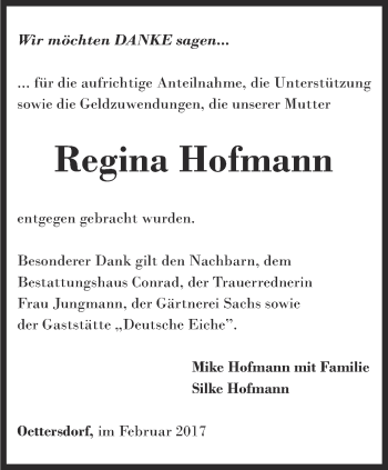 Traueranzeige von Regina Hofmann von Ostthüringer Zeitung