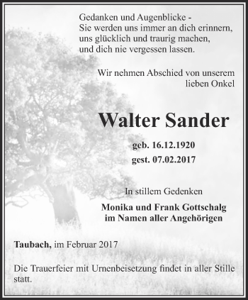 Traueranzeige von Walter Sander von Thüringer Allgemeine, Thüringische Landeszeitung