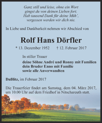 Traueranzeige von Rolf Hans Dörfler von Ostthüringer Zeitung