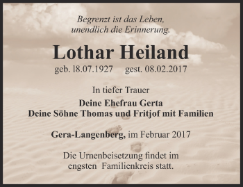 Traueranzeige von Lothar Heiland von Ostthüringer Zeitung