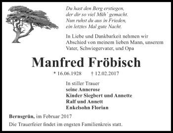 Traueranzeige von Manfred Fröbisch von Ostthüringer Zeitung