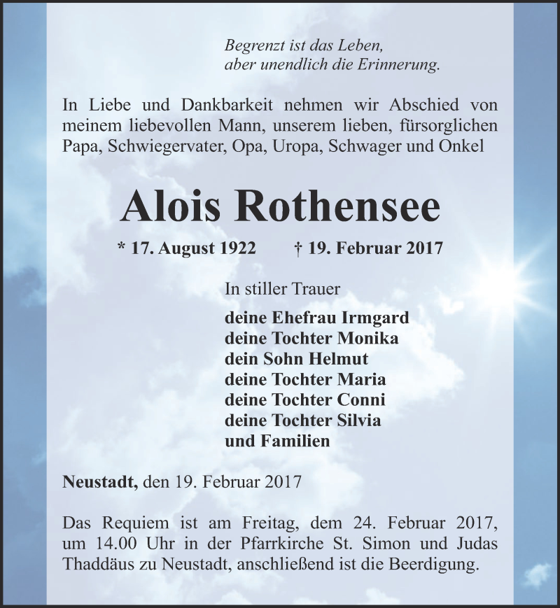  Traueranzeige für Alois Rothensee vom 22.02.2017 aus Thüringer Allgemeine