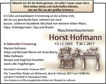 Traueranzeige von Horst Hofmann von Ostthüringer Zeitung, Thüringische Landeszeitung