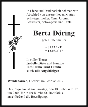 Traueranzeige von Berta Döring von Thüringer Allgemeine, Thüringische Landeszeitung