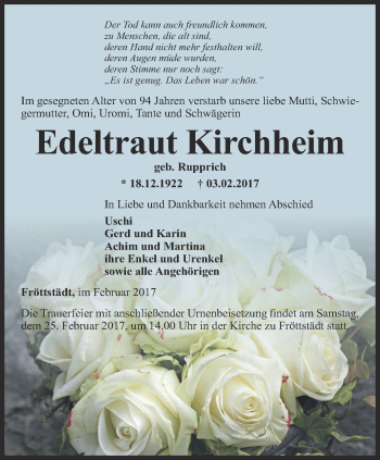 Traueranzeige von Edeltraut Kirchheim von Ostthüringer Zeitung, Thüringische Landeszeitung