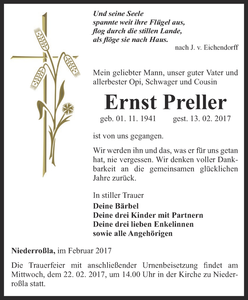  Traueranzeige für Ernst Preller vom 18.02.2017 aus Thüringer Allgemeine, Thüringische Landeszeitung