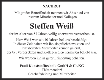 Traueranzeige von Steffen Weiß von Ostthüringer Zeitung