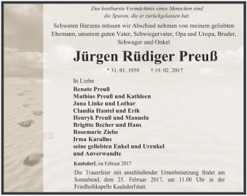 Traueranzeige von Jürgen Rüdiger Preuß von Ostthüringer Zeitung