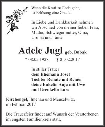 Traueranzeige von Adele Jugl von Thüringer Allgemeine