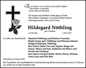 Traueranzeige von Hildegard Nöthling von Thüringer Allgemeine, Thüringische Landeszeitung