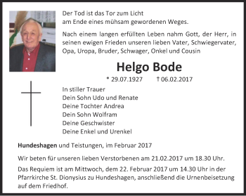 Traueranzeige von Helgo Bode von Thüringer Allgemeine