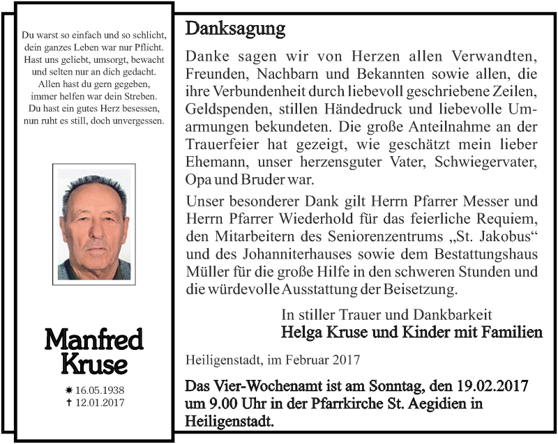  Traueranzeige für Manfred Kruse vom 16.02.2017 aus Thüringer Allgemeine