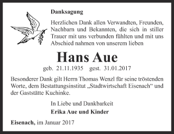 Traueranzeige von Hans Aue von Thüringer Allgemeine, Thüringische Landeszeitung