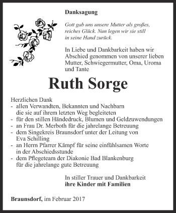 Traueranzeige von Ruth Sorge von Ostthüringer Zeitung