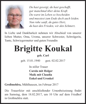 Traueranzeige von Brigitte Koukal von Thüringer Allgemeine, Thüringische Landeszeitung
