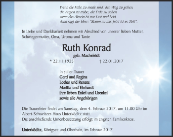 Traueranzeige von Ruth Konrad von Ostthüringer Zeitung