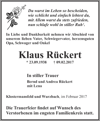 Traueranzeige von Klaus Rückert von Ostthüringer Zeitung