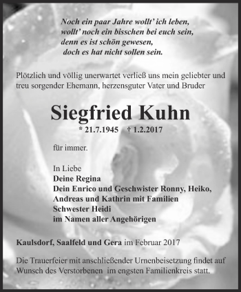 Traueranzeige von Siegfried Kuhn von Ostthüringer Zeitung