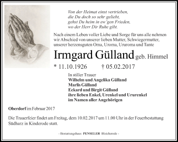 Traueranzeige von Irmgard Gülland von Thüringer Allgemeine