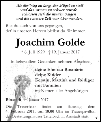 Traueranzeige von Joachim Golde von Thüringer Allgemeine